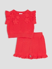 River Island Red Baby Girls Flower Crochet 100% Cotton Shorts Set - Image 1 of 5