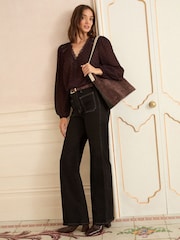Love & Roses Burgundy Red V-Neck Lace Long Sleeve Dobby Blouse - Image 3 of 4
