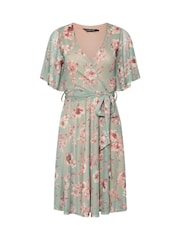 PixieGirl Petite Pink Chrome Floral Print Mesh Wrap Midi Dress - Image 1 of 1