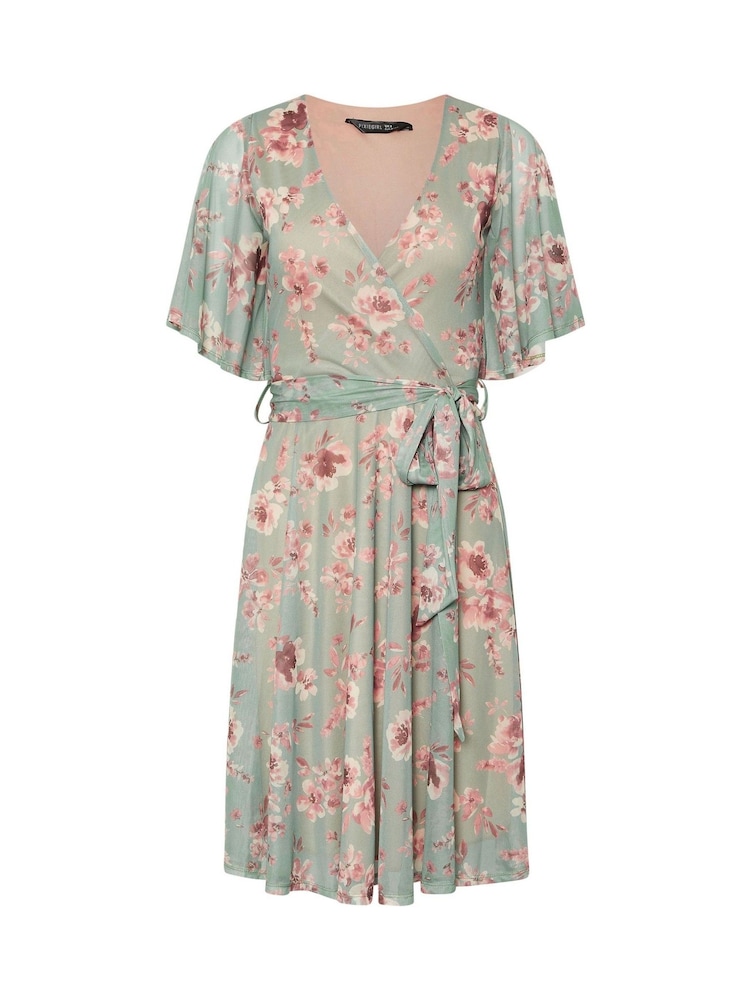 PixieGirl Petite Pink Chrome Floral Print Mesh Wrap Midi Dress - Image 1 of 1