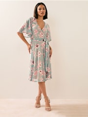 PixieGirl Petite Sage Green Floral Print Mesh Wrap Midi Dress - Image 2 of 5