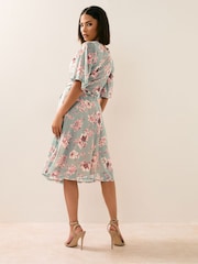 PixieGirl Petite Sage Green Floral Print Mesh Wrap Midi Dress - Image 3 of 5