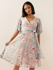 PixieGirl Petite Sage Green Floral Print Mesh Wrap Midi Dress - Image 4 of 5