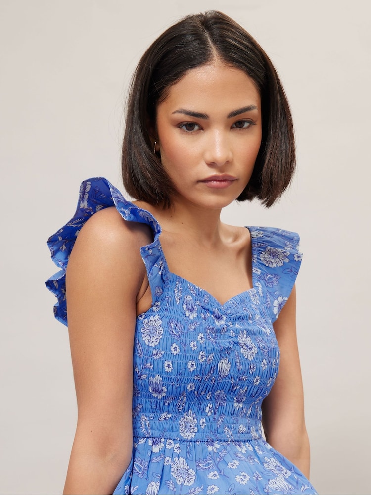 PixieGirl Petite Blue Floral Shirred 100% Cotton Top - Image 3 of 5