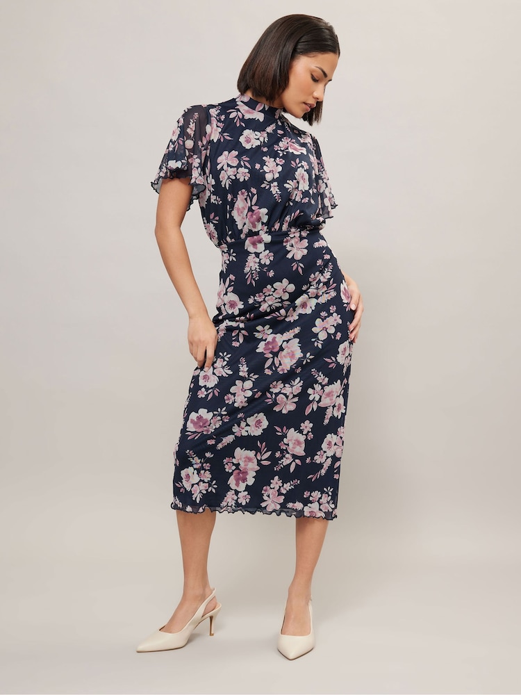 PixieGirl Petite Blue Floral Print Mesh Wrap Midi Dress - Image 1 of 5
