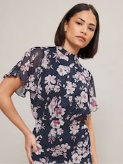 PixieGirl Petite Blue Floral Print Mesh Wrap Midi Dress - Image 2 of 5