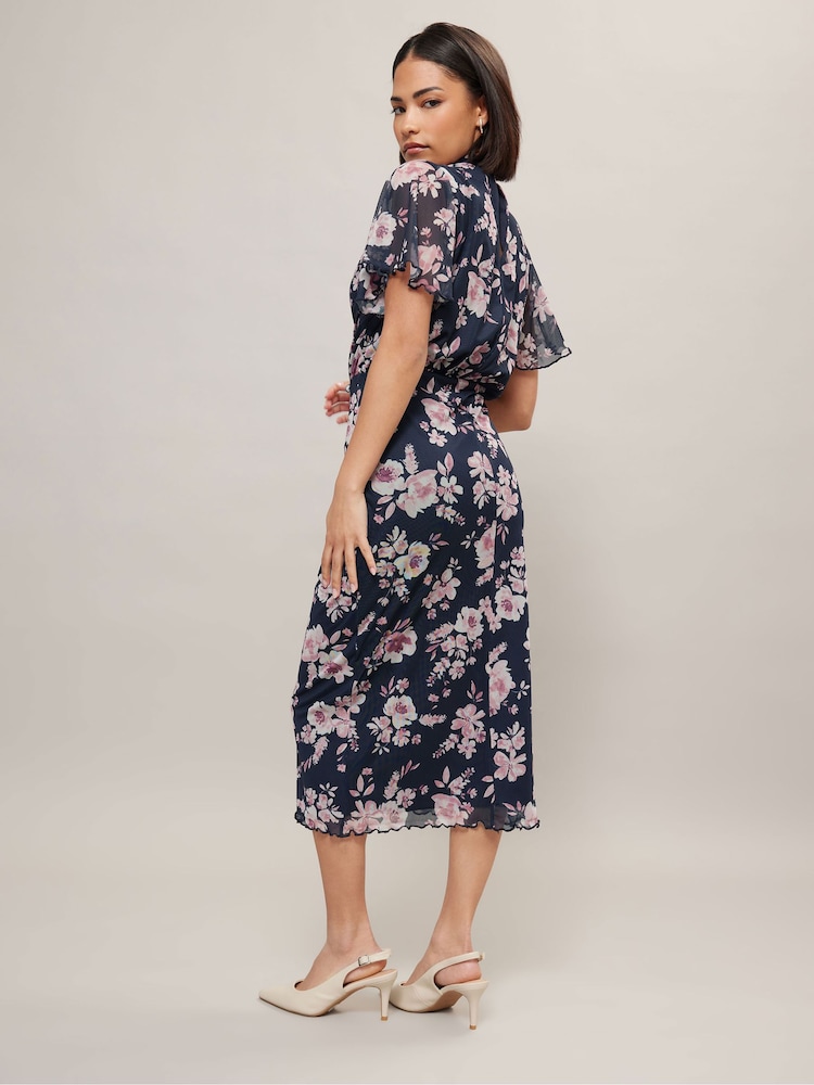 PixieGirl Petite Blue Floral Print Mesh Wrap Midi Dress - Image 3 of 5