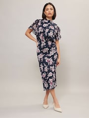 PixieGirl Petite Blue Floral Print Mesh Wrap Midi Dress - Image 4 of 5
