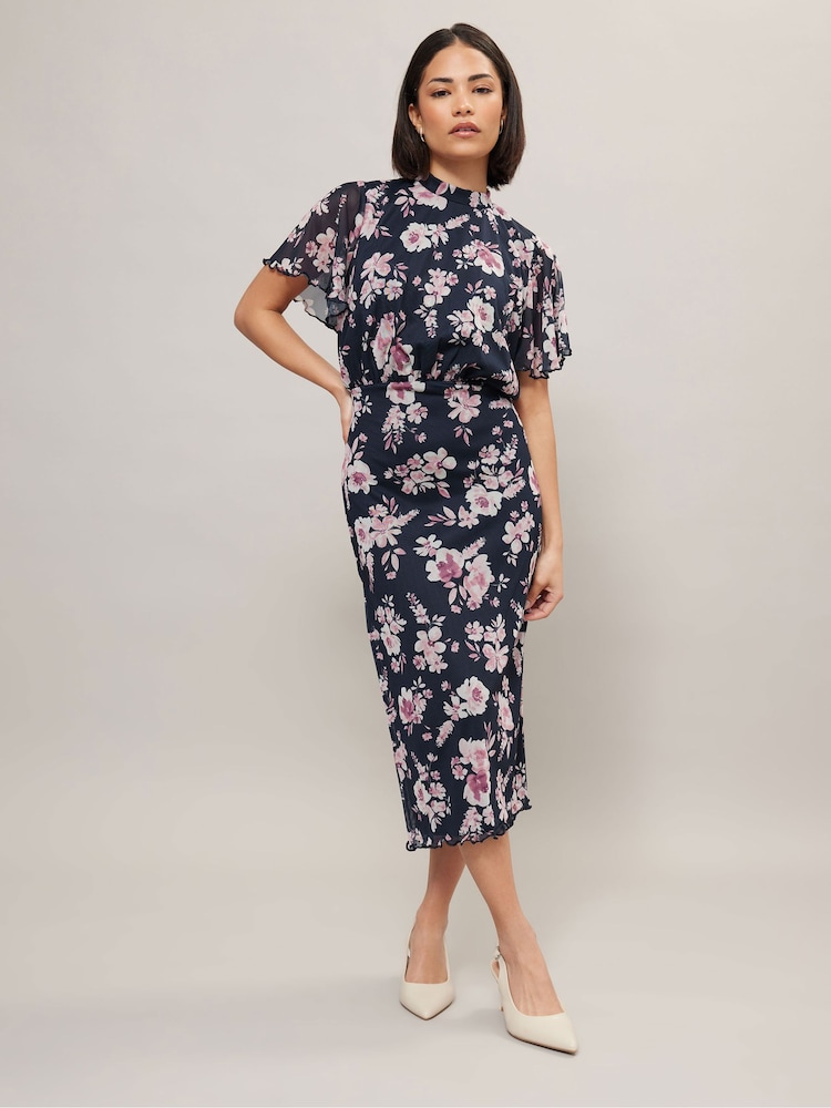 PixieGirl Petite Blue Floral Print Mesh Wrap Midi Dress - Image 4 of 5