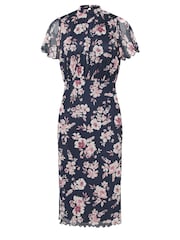 PixieGirl Petite Blue Floral Print Mesh Wrap Midi Dress - Image 5 of 5