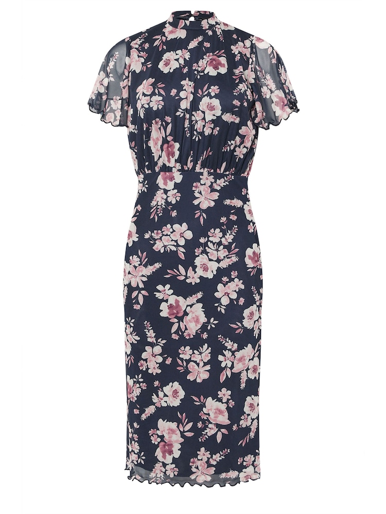 PixieGirl Petite Blue Floral Print Mesh Wrap Midi Dress - Image 5 of 5