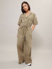 PixieGirl Petite Brown 100% Cotton Tie Waist Jumpsuit - Image 1 of 5