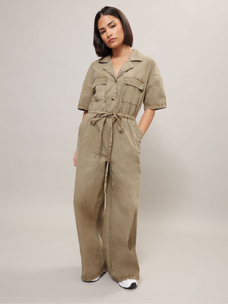 PixieGirl Petite Brown 100% Cotton Tie Waist Jumpsuit - Image 1 of 5