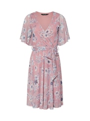 PixieGirl Petite Pink Floral Print Mesh Wrap Midi Dress - Image 1 of 1