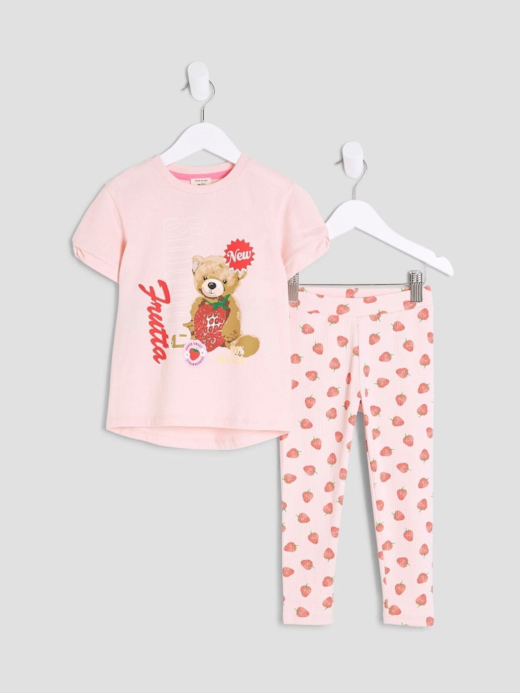 River Island Pink Girls Strawberry Bear Top & Leggings Set - Image 1 of 5