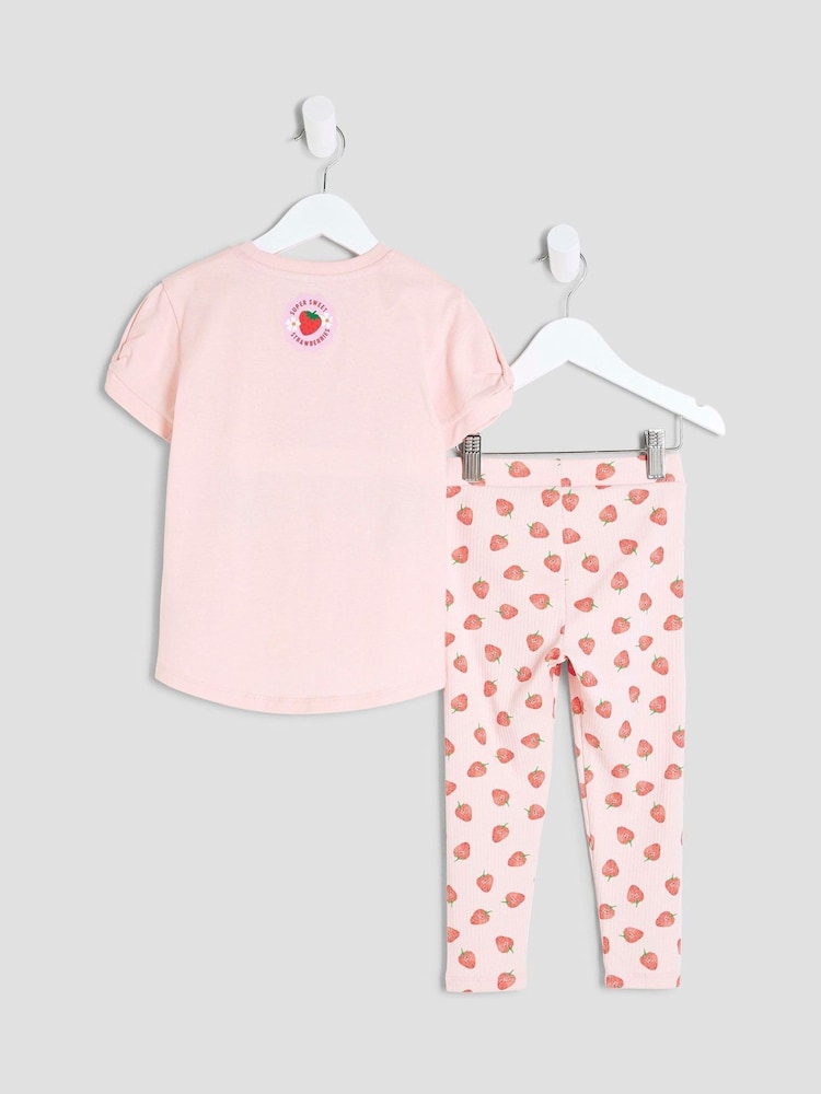 River Island Pink Girls Strawberry Bear Top & Leggings Set - Image 2 of 5