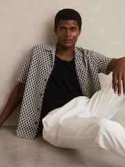 Reiss Navy/White Sterling Geometric-Crochet Cuban-Collar Shirt - Image 1 of 6