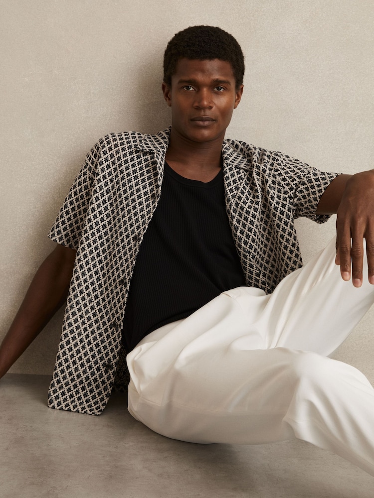 Reiss Navy/White Sterling Geometric-Crochet Cuban-Collar Shirt - Image 1 of 6