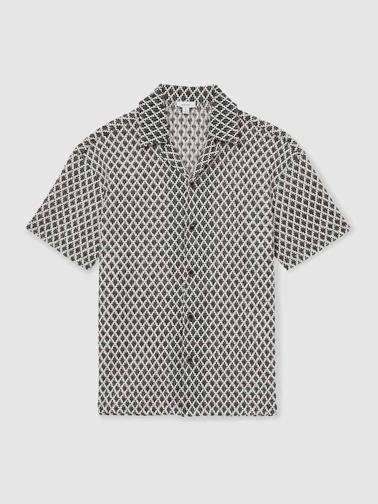 Reiss Navy/White Sterling Geometric-Crochet Cuban-Collar Shirt - Image 2 of 6