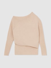 Reiss Oatmeal Neutral Lorna Asymmetric Draped Knitted Jumper - Image 2 of 5