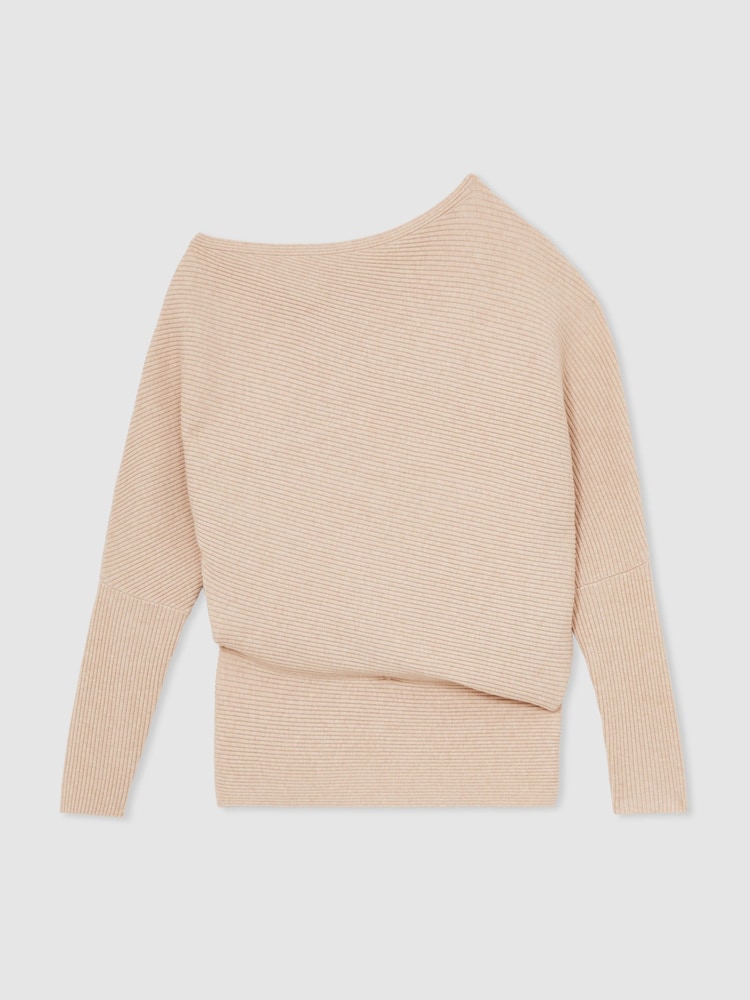 Reiss Oatmeal Neutral Lorna Asymmetric Draped Knitted Jumper - Image 2 of 5