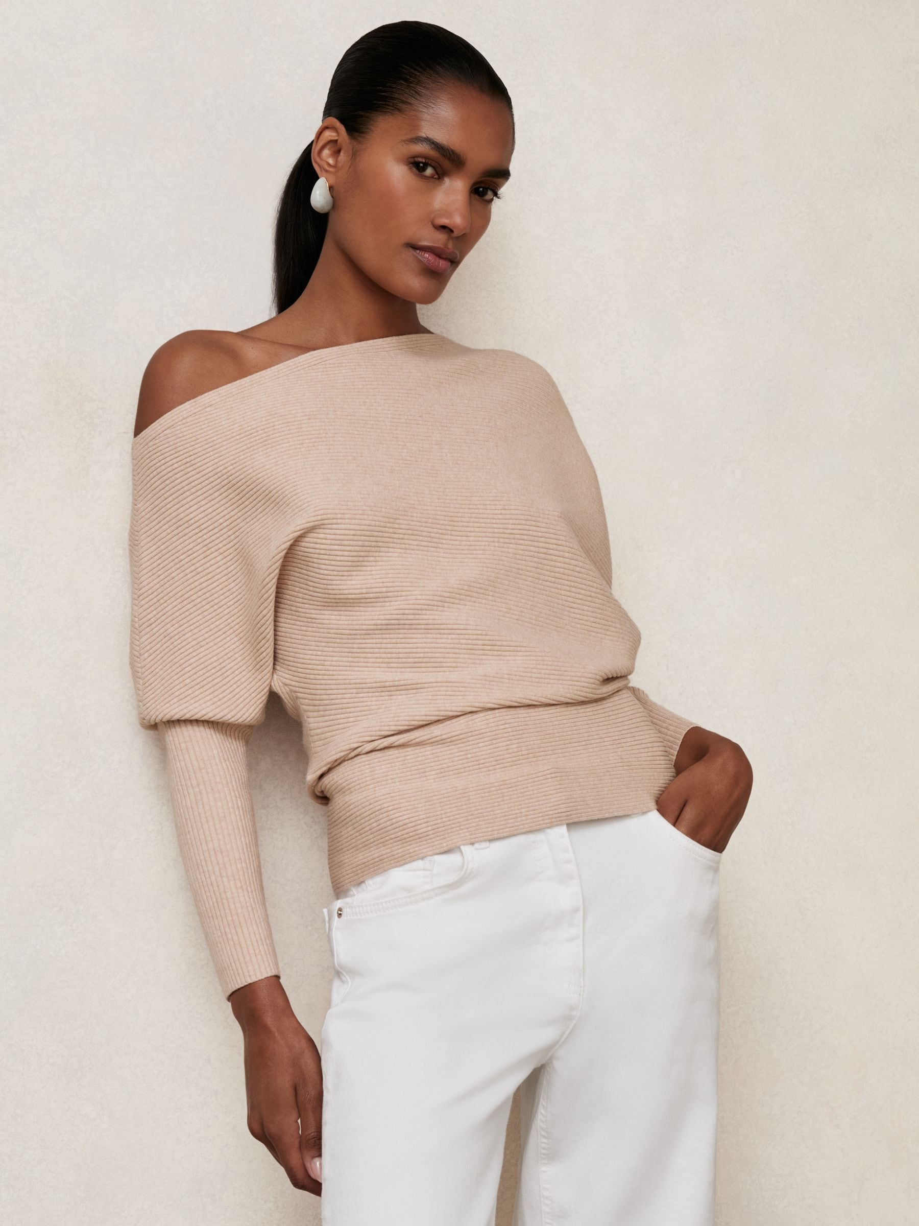Buy Reiss Oatmeal Neutral Lorna Asymmetric Drape Knitted Top from