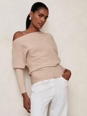 Reiss Oatmeal Neutral Lorna Asymmetric Draped Knitted Jumper - Image 3 of 5