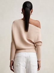 Reiss Oatmeal Neutral Lorna Asymmetric Draped Knitted Jumper - Image 4 of 5