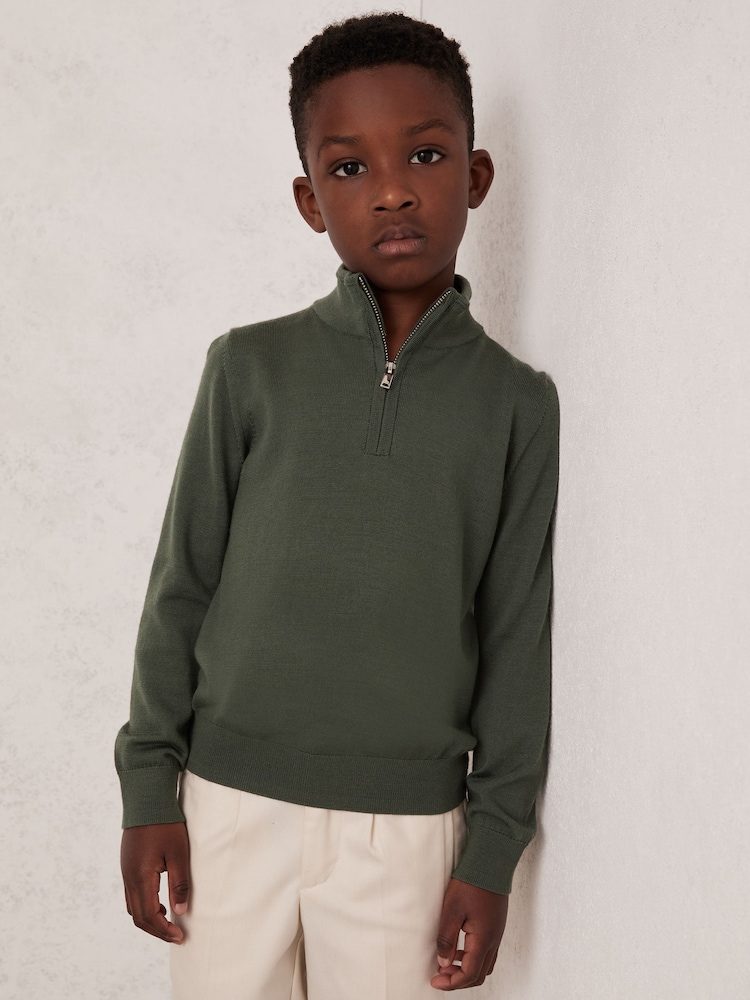Reiss Kale Green Blackhall 9-13 yrs Merino Wool Half-Zip Funnel Neck Jumper - Image 1 of 4