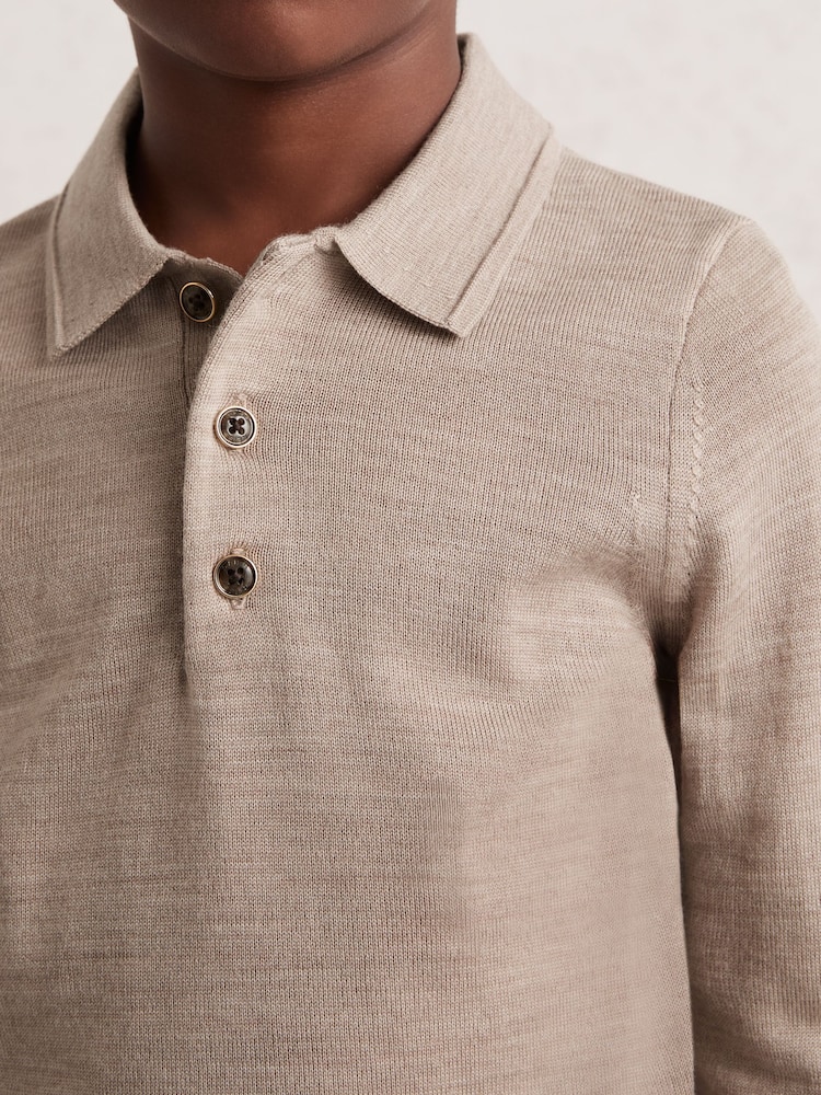 Reiss Wheat Melange Trafford 9-13 yrs Merino Wool Polo Shirt - Image 1 of 4