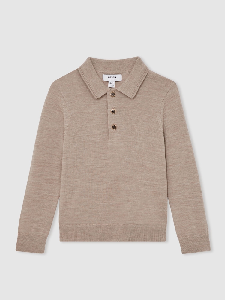 Reiss Wheat Melange Trafford 9-13 yrs Merino Wool Polo Shirt - Image 2 of 4