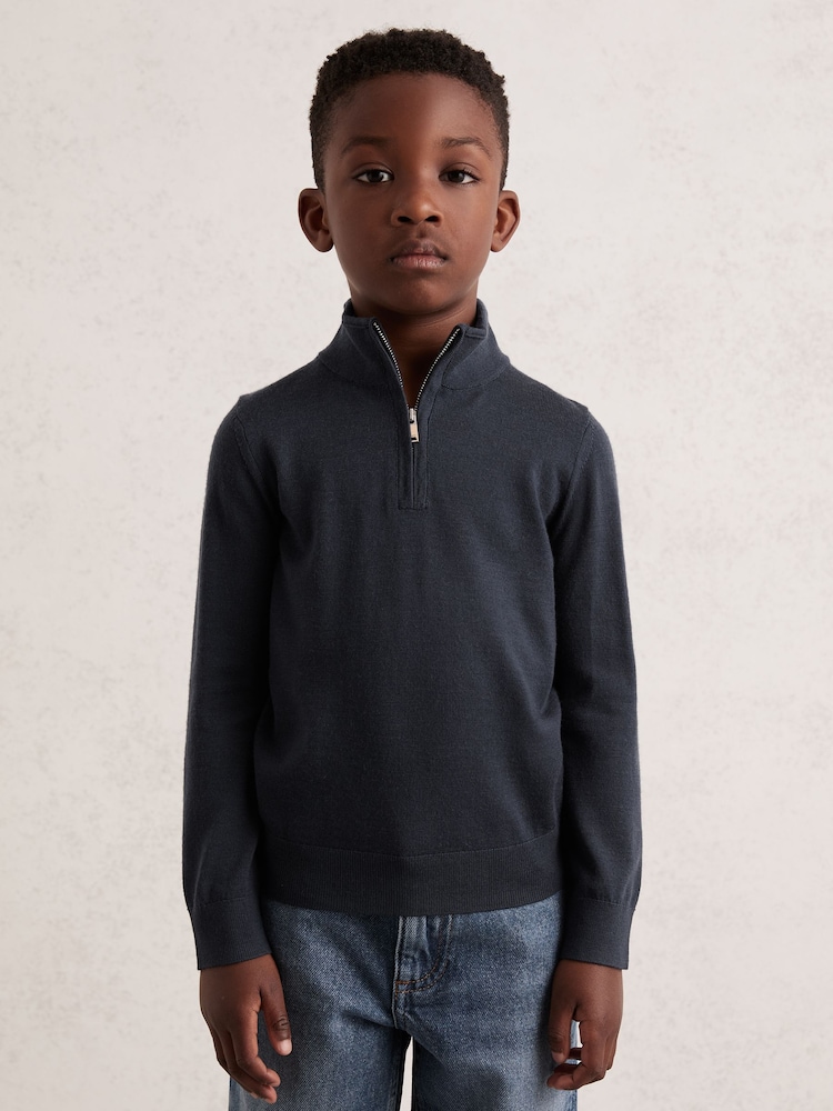 Reiss Midnight Navy Blackhall 3-9 yrs Merino Wool Half-Zip Funnel Neck Jumper - Image 1 of 4