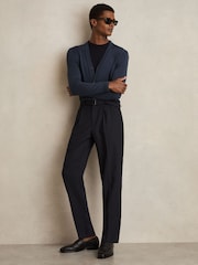 Navy - Reiss Strap Regular Fit Wool Blend Belted Pleated Trousers - Image 1 of 7