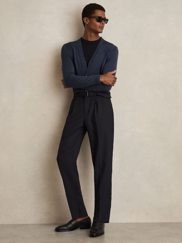 Navy - Reiss Strap Regular Fit Wool Blend Belted Pleated Trousers - Image 1 of 7