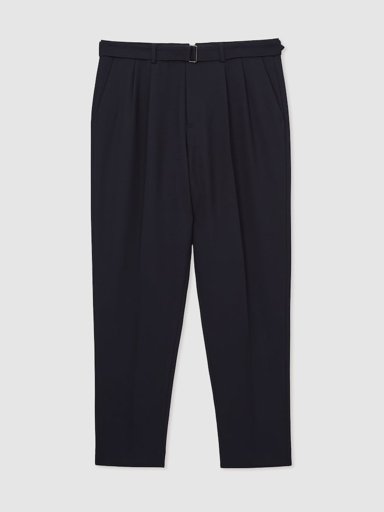 Navy - Reiss Strap Regular Fit Wool Blend Belted Pleated Trousers - Image 2 of 7 Navy - Reiss Strap Regular Fit Wool Blend Belted Pleated Trousers - Image 2 of 7