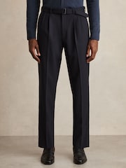 Navy - Reiss Strap Regular Fit Wool Blend Belted Pleated Trousers - Image 3 of 7