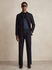 Navy - Reiss Strap Regular Fit Wool Blend Belted Pleated Trousers - Image 6 of 7
