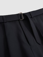 Navy - Reiss Strap Regular Fit Wool Blend Belted Pleated Trousers - Image 7 of 7