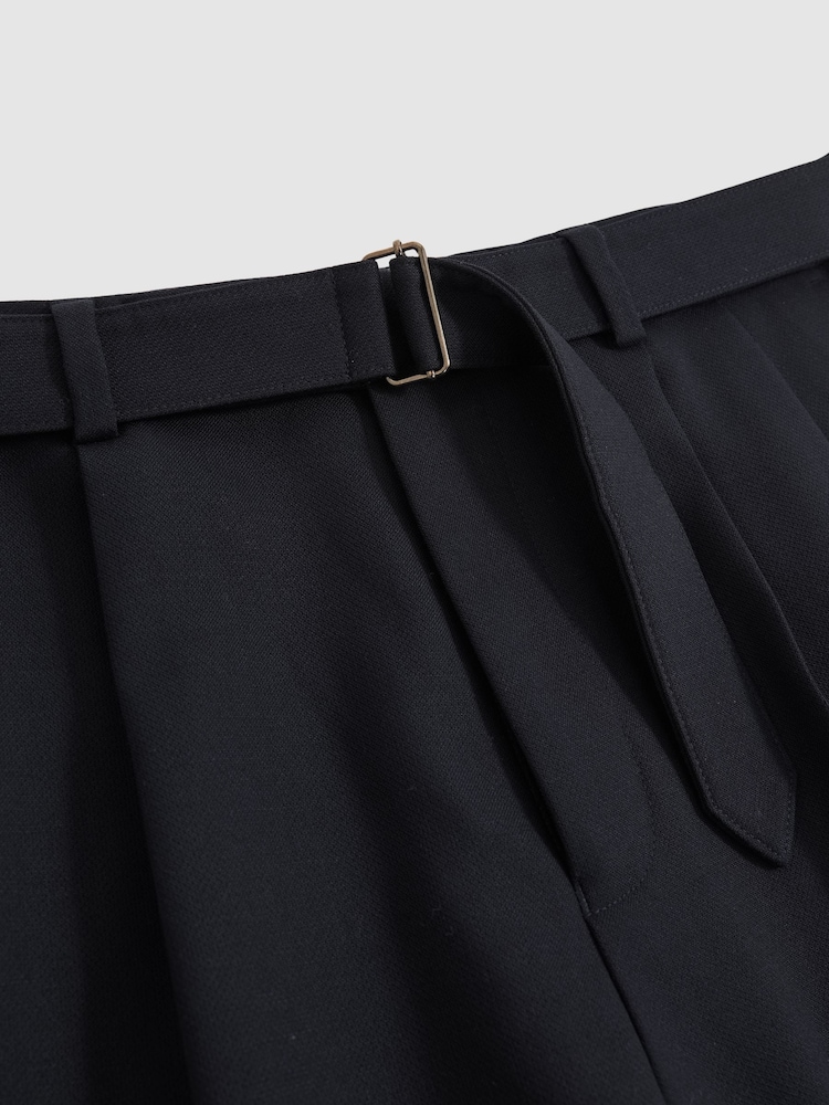 Navy - Reiss Strap Regular Fit Wool Blend Belted Pleated Trousers - Image 7 of 7 Navy - Reiss Strap Regular Fit Wool Blend Belted Pleated Trousers - Image 7 of 7