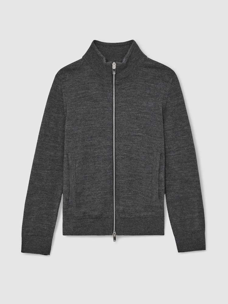 Reiss Derby Grey Melange Hampshire Merino Wool-Blend Zip-Through Cardigan - Image 2 of 4