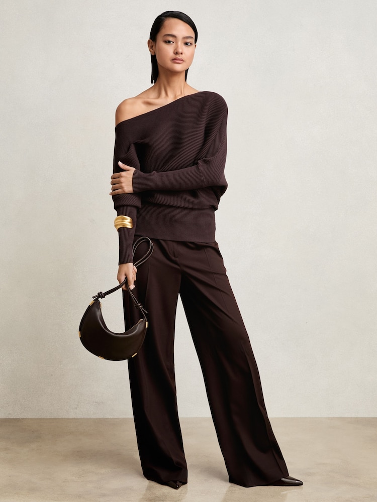 Reiss Plum Lorna Asymmetric Draped Knitted Jumper - Image 1 of 7