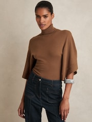 Reiss Tan Hadley Merino Wool Batwing Roll-Neck Jumper - Image 1 of 5