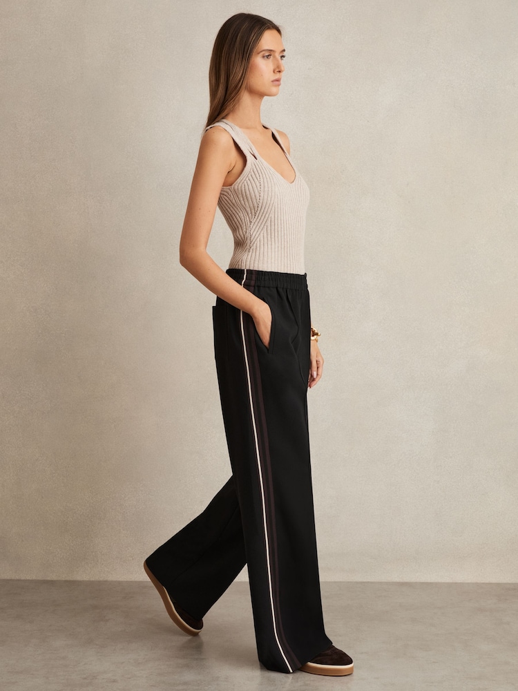 Reiss Black Robyn Side-Stripe Wide-Leg Trousers - Image 1 of 7