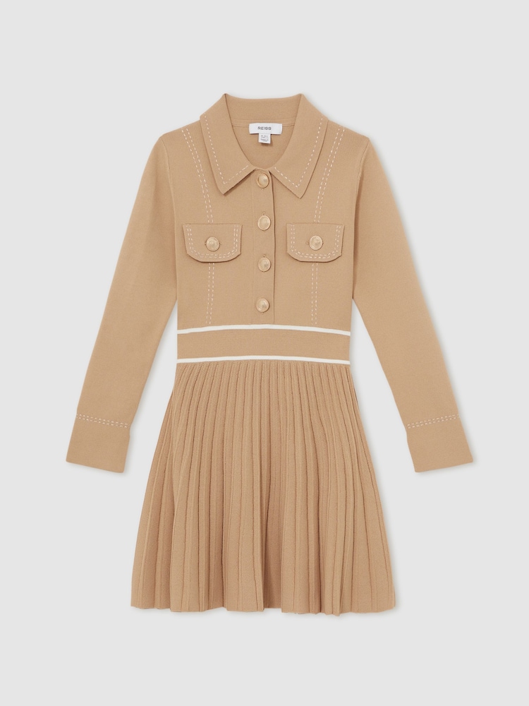 Reiss Camel Sapna 4-9 yrs Knitted Contrast Stitch Dress - Image 2 of 5