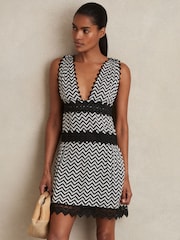 Reiss Navy Sophia Zig-Zag Print Lace-Trim Mini Dress - Image 1 of 6