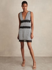 Reiss Navy Sophia Zig-Zag Print Lace-Trim Mini Dress - Image 3 of 6