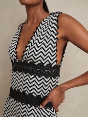 Reiss Navy Sophia Zig-Zag Print Lace-Trim Mini Dress - Image 4 of 6