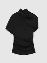 Reiss Black Zuri Stretch Lyocell Draped Top - Image 2 of 6