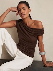 Reiss Chocolate Brown Serena Modal-Blend Ruched Off-Shoulder Top - Image 1 of 7