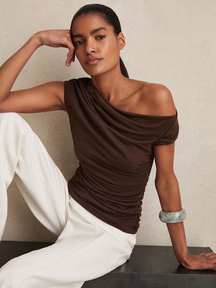 Reiss Chocolate Brown Serena Modal-Blend Ruched Off-Shoulder Top - Image 1 of 7
